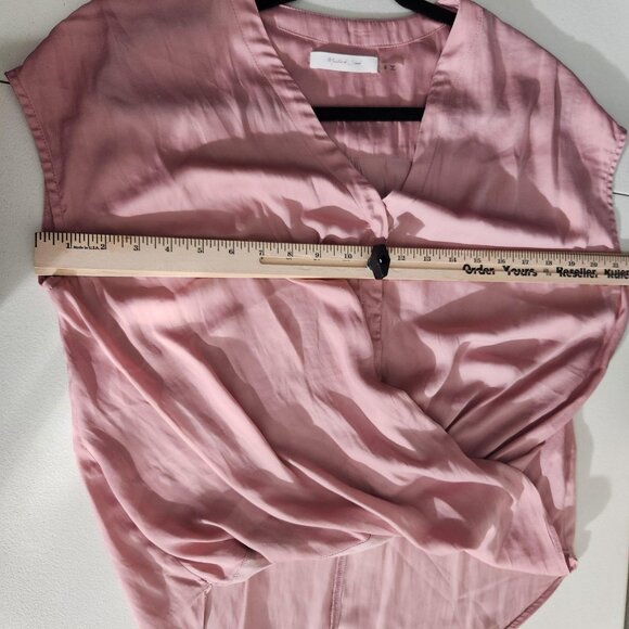 Mustard Seed Blouse Womens Small Pink Surplice wrap  V Neck Short Sleeve FLAWS - Picture 6 of 12